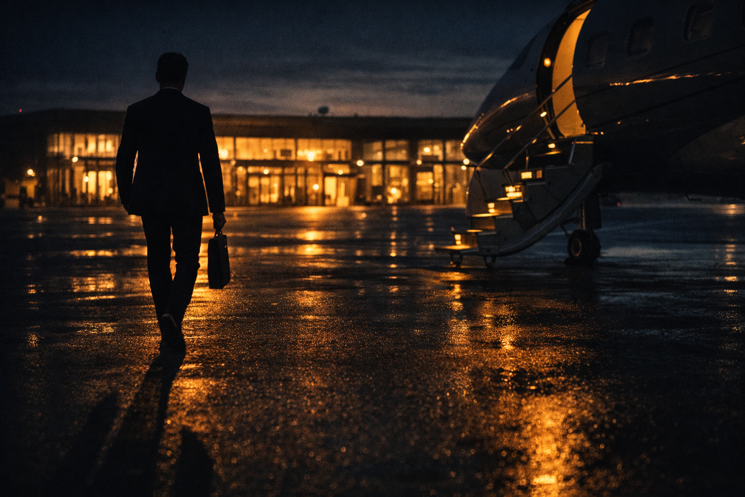 Figure walking across tarmac toward private jet stairs
