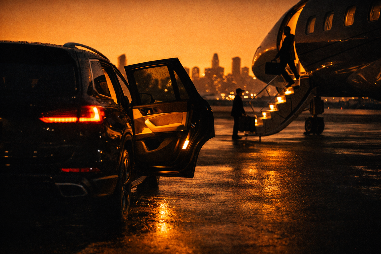 SUV and jet on tarmac at golden hour, city skyline behind