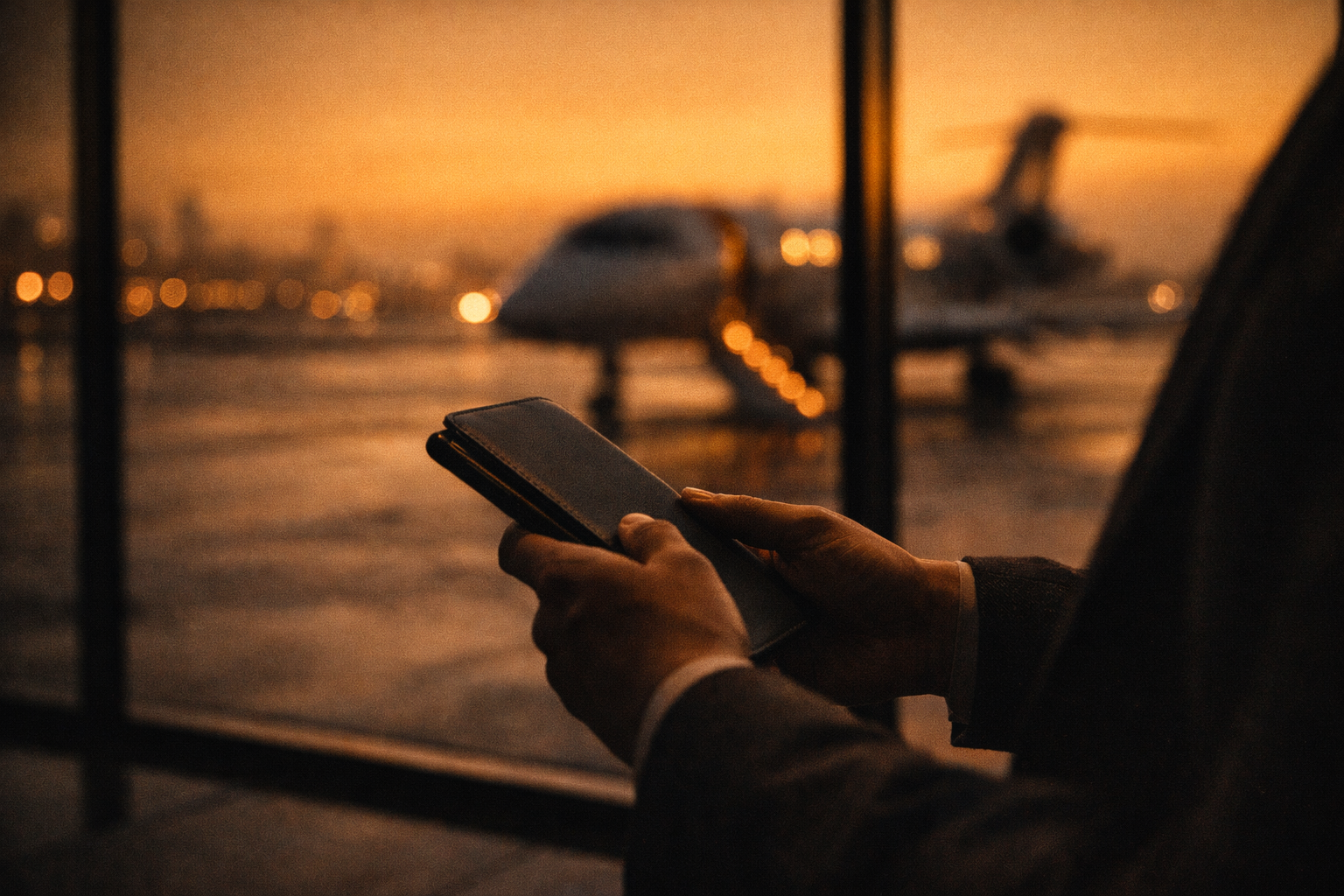 Hands holding phone with private jet visible through glass